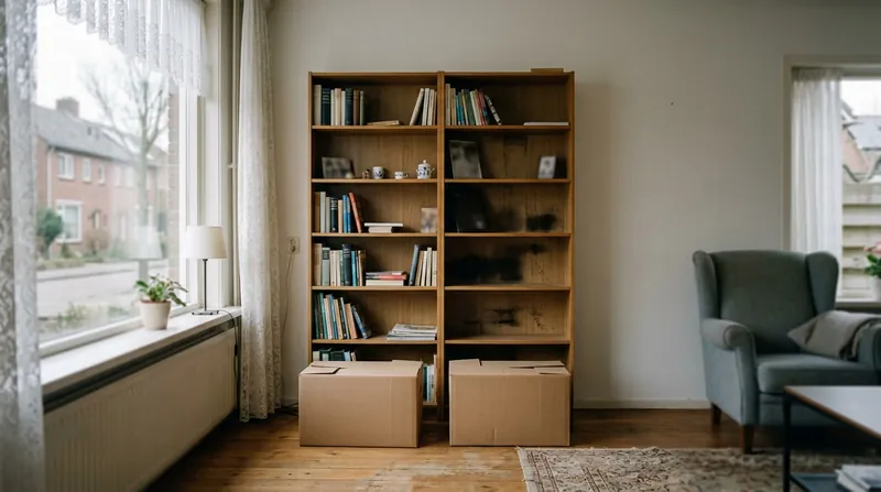 Een halfleeg boekenkast in een woonkamer, met twee dichte dozen op de vloer