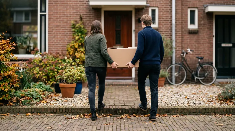 Twee mensen van achteren die samen een verhuisdoos naar de voordeur van een rijtjeshuis dragen