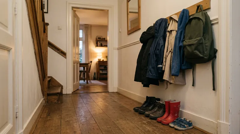 Een gang met vier paar schoenen in verschillende maten, kinderlaarsjes en jassen aan de kapstok