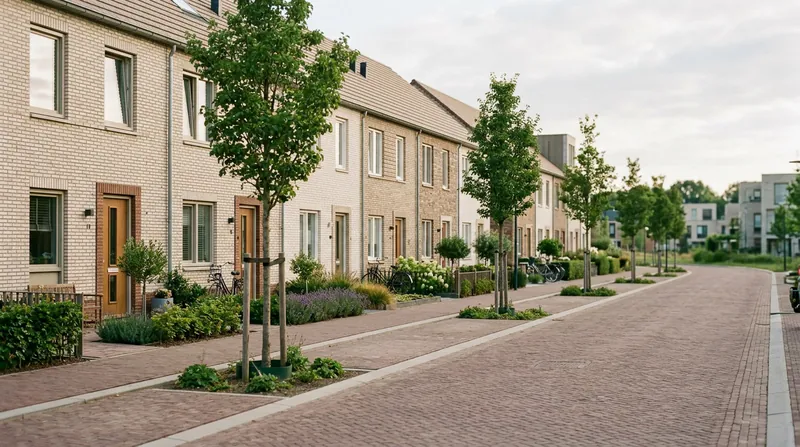 Een straat met nieuwe rijtjeshuizen, jonge bomen en verse bestrating