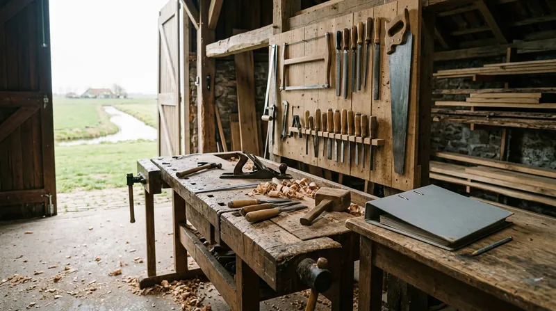 Een werkplaats in een oude schuur met een werkbank vol gereedschap en een ordner op een tafeltje
