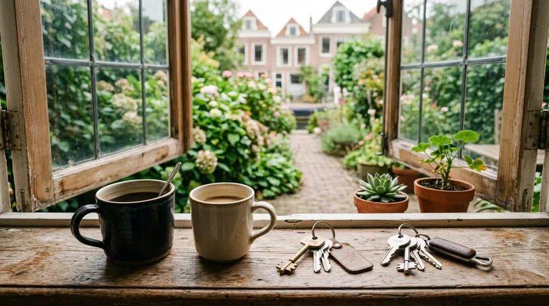 Twee bekers koffie en twee sleutelbossen naast elkaar op een vensterbank met uitzicht op de tuin
