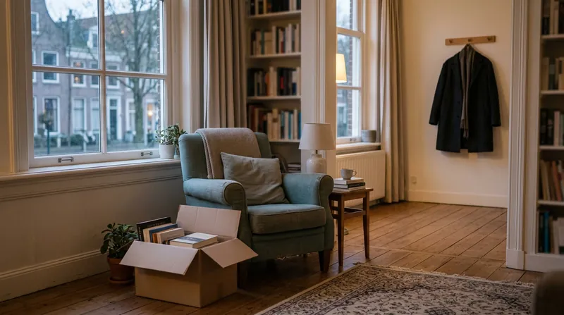 Een stille woonkamer met één fauteuil bij het raam en een half ingepakte doos met boeken