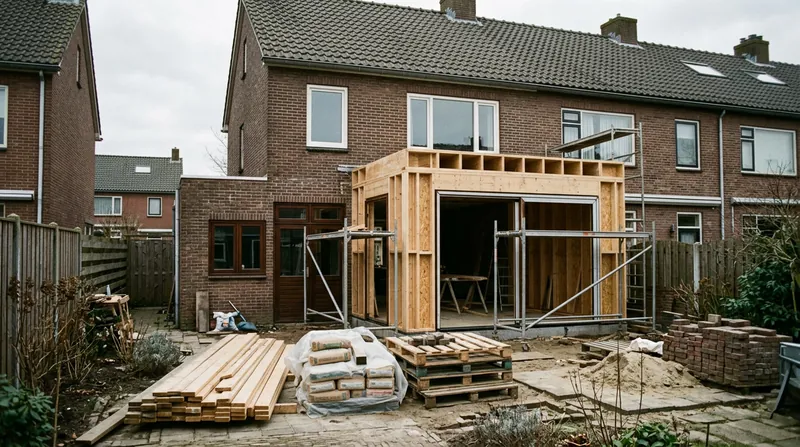 De achterkant van een rijtjeshuis met steigers en een half gebouwde aanbouw