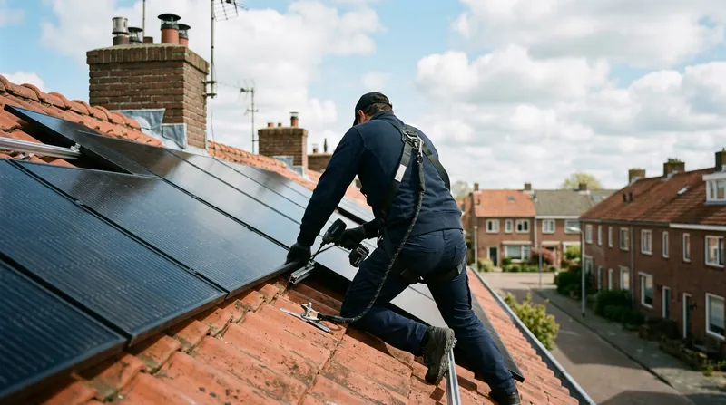 Een installateur van achteren die zonnepanelen op een pannendak van een rijtjeshuis monteert