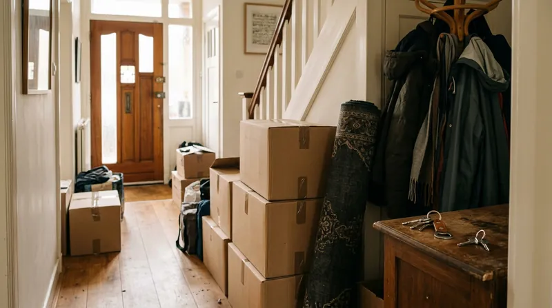 Een gang midden in een verhuizing, met dozen, een opgerold kleed en twee sleutelbossen op een kastje