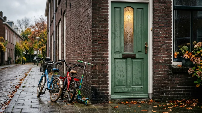 Een groene voordeur op een regenachtige herfstdag, met kinderfietsjes en een step tegen de muur